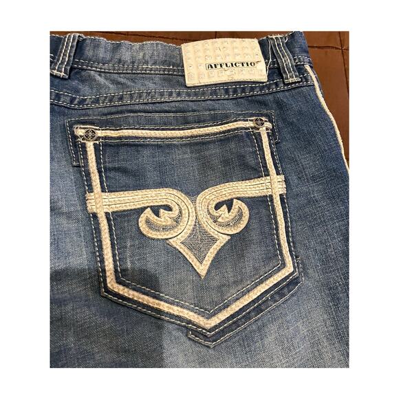 Affliction Black Premium Ace Jeans Mens 40 Blue Washed Denim Straight Leg Biker - Picture 3 of 9